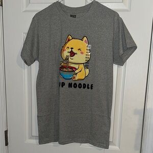 Gray Graphic Tee with Cute Dog Eating Noodles